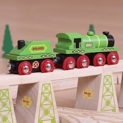 Bigjigs Rail Zelená lokomotiva s tendrem + 3 koleje